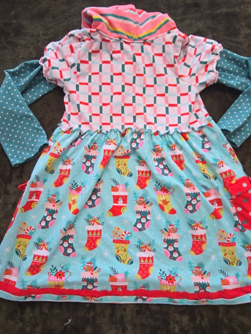 The Happy Hill Girls Christmas Hooded Dress & Ruffle Pants Set - Stockings, Sz 1 - Picture 5 of 5